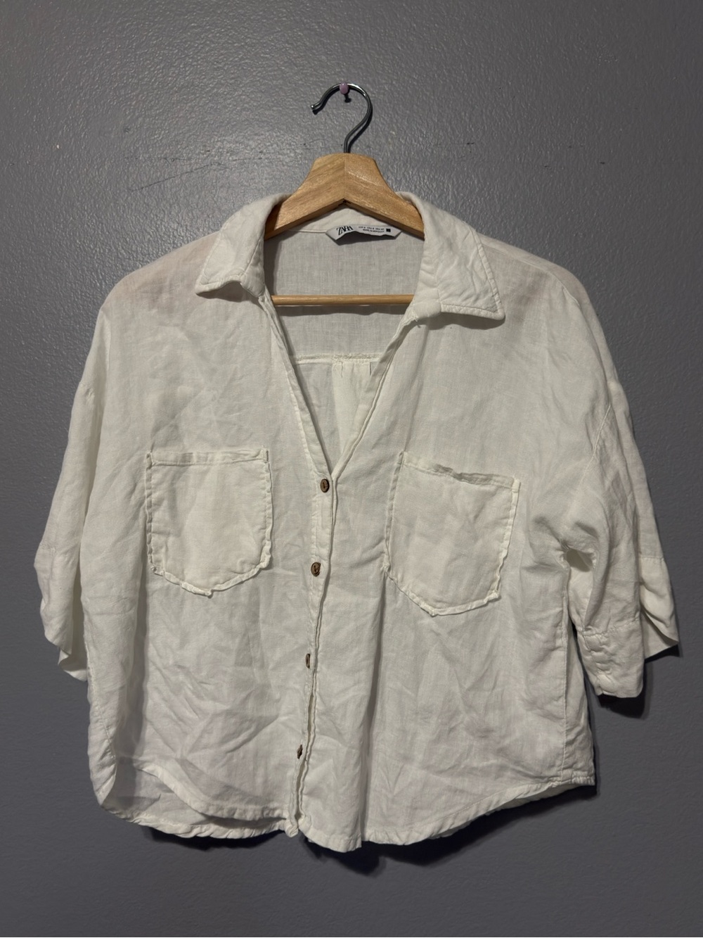 Zara Off-White Button-Up Linen Top